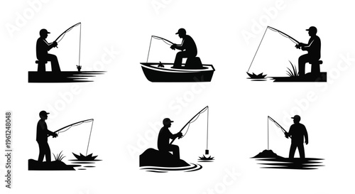 Six fishermen in various positions depicted as a striking silhouette
