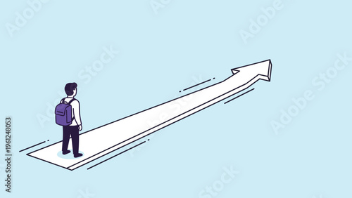 Student or traveler with a backpack standing on a large white upward arrow against a light blue background symbolizing personal growth.