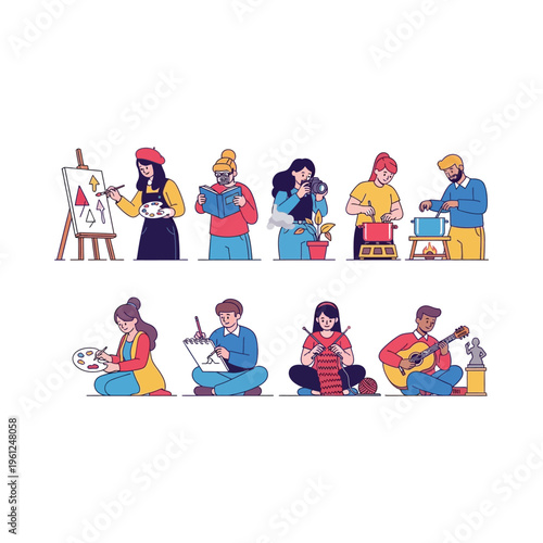 Creative individuals engaging in various artistic and musical activities.