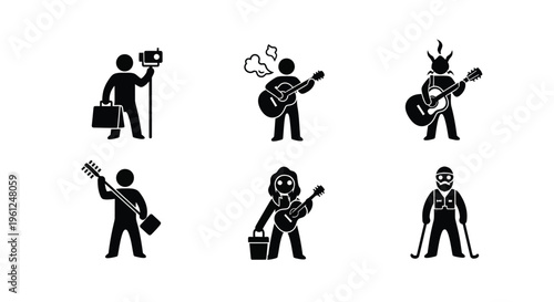 Various professions depicted as black figures including musicians and filmmakers silhouette