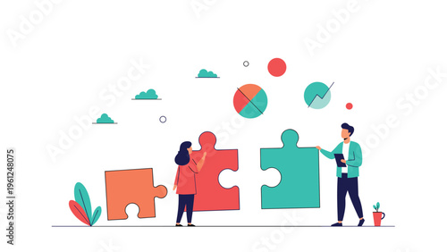 Man and woman working together to assemble large colorful puzzle pieces with data symbols representing teamwork in data analysis and solutions.