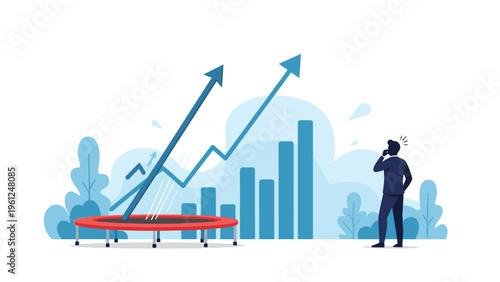 Corporate manager observing multiple blue arrows bouncing off a red trampoline towards a growth chart representing business resilience.