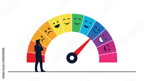 Thoughtful person looking at a colorful gauge pointing to a happy face representing customer satisfaction or positive employee sentiment.
