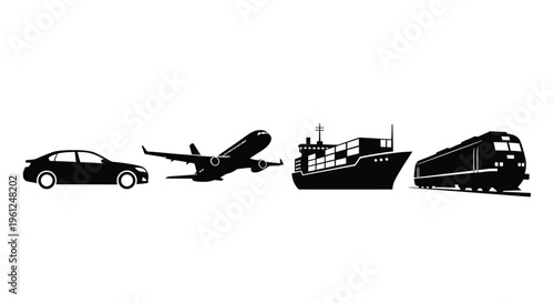 Various transportation modes depicted in a striking black silhouette high quality