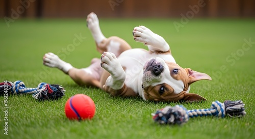 Playful brown and white puppy lying on its back on green artificial grass with toys