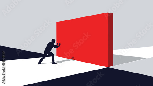 Silhouette of a person pushing hard against a solid red wall blocking a path representing resistance to change or a difficult obstacle.
