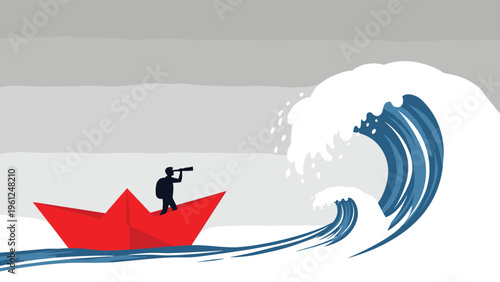 Silhouette of a person in a small paper boat looking through a telescope at a massive ocean wave representing small business facing a huge market.