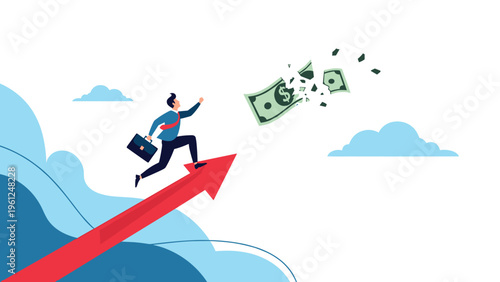 Businessman with a briefcase running up a large red arrow toward a breaking dollar bill representing the pursuit of wealth and market volatility.