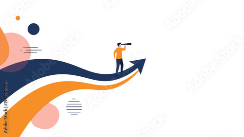 Person standing on a winding blue and orange path looking through a telescope towards the horizon representing business foresight and future plans.