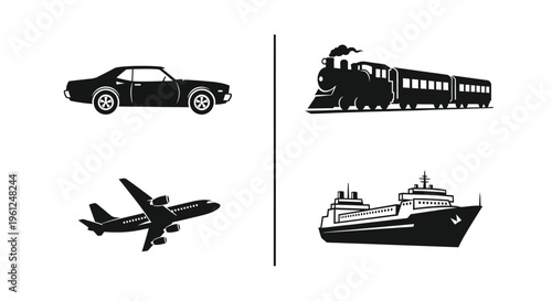 Transportation icons car train airplane and ship in black silhouette