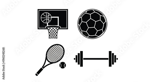 Sports equipment icons including basketball soccer tennis and weightlifting silhouette