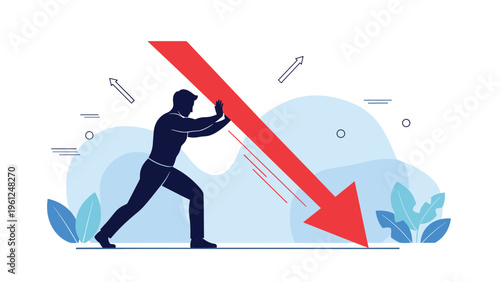 Strong silhouette of a determined man using all his strength to stop a large red arrow from falling further onto the ground.