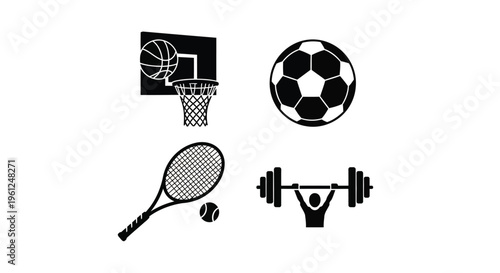 Sports equipment icons including a basketball hoop and soccer ball silhouette