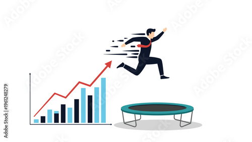 Energetic businessman jumps high on a trampoline next to a rising bar graph indicating rapid financial growth and success.