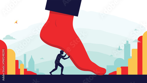 Resilient small business owner silhouette pushes against a giant red foot trying to crush him in a competitive urban landscape.
