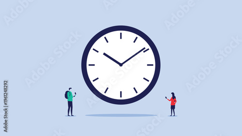 Modern people using smartphones stand next to a giant clock symbolizing the fast pace of time and technology in the digital age.