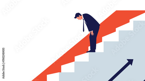Businessman peers over the edge of a broken step on a staircase illustrating challenges and obstacles in professional advancement.