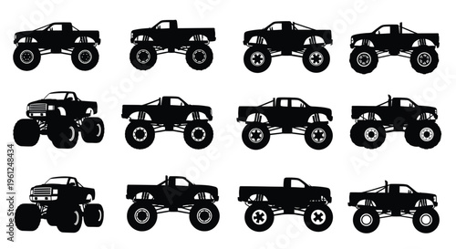 Collection of monster trucks in varying designs presented as a silhouette