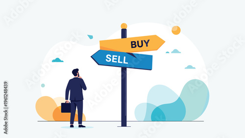 Pensive businessman stands before a signpost with arrows pointing to buy and sell while contemplating his next investment move.