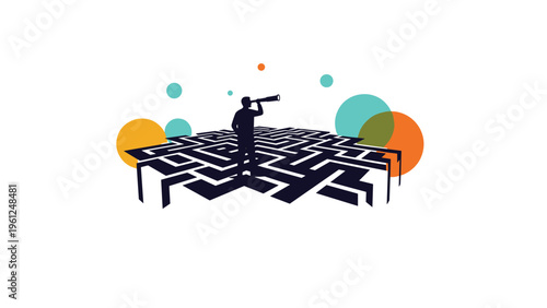 Silhouette of a person looking through a telescope while standing over a complex maze representing strategic planning and vision.