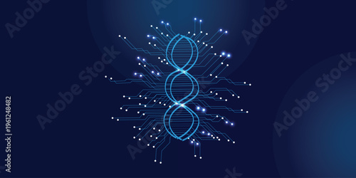 Futuristic biotechnology background with glowing DNA double helix and digital circuit lines on dark blue gradient, modern genetic engineering and medical science concept