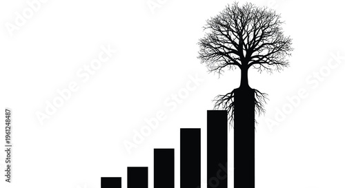 Abstract tree growing from rising blocks a stark black silhouette