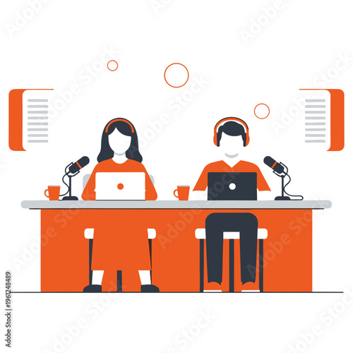 Man and woman recording a podcast in a studio with microphones and laptops on a desk