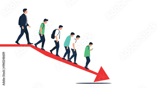 Line of people walking down a large red arrow pointing towards a hole in the ground representing a decline or recession.