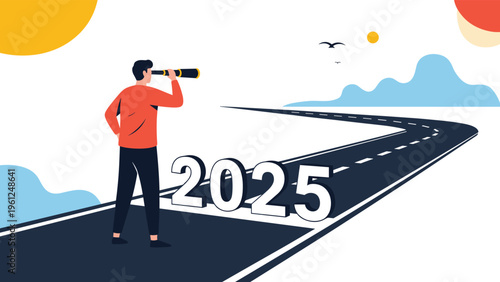 Man with a telescope looks down a long road towards the year 2025 representing future planning and long term business goals.