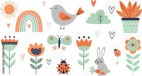 Cute woodland animals spring nursery vector set with bunny bird butterfly ladybug rainbow flowers pastel kids clipart pack
