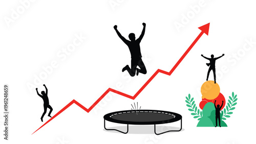 Happy silhouettes of people celebrating and jumping on a trampoline along a rising red line graph representing shared success.