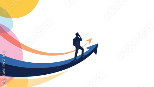 Silhouette of a professional person with a backpack walking up a large blue rising arrow towards colorful abstract shapes.