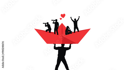 Strong individual carrying a giant red paper boat on his head which holds a team of people celebrating and looking towards the future.