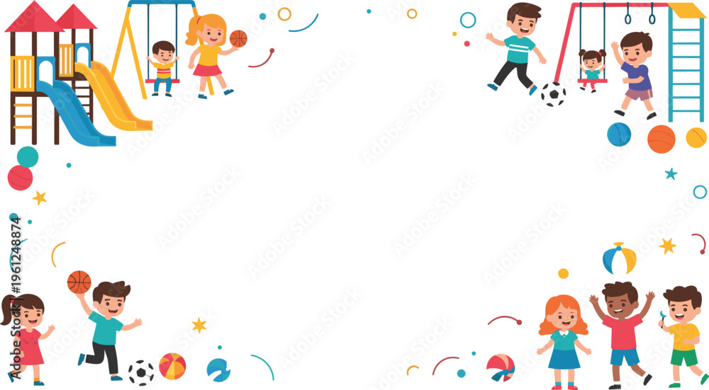 Naklejka premium Happy kids playing in playground with slides swings balls and fun activities colorful children outdoor park illustration