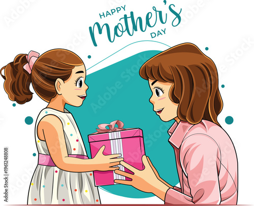 Happy Mother's Day Illustration of a Little Girl Giving a Pink Gift Box to Her Mother in Anime Style