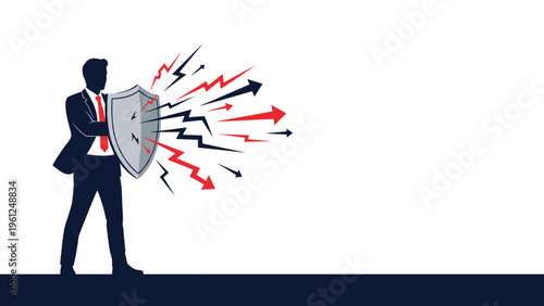 Determined professional businessman using a strong silver shield to deflect multiple attacking arrows representing obstacles or competition.