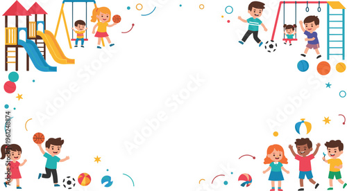 Happy kids playing in playground with slides swings balls and fun activities colorful children outdoor park illustration