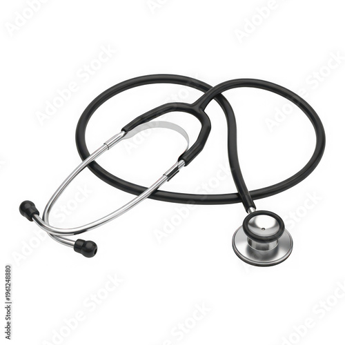 A black stethoscope with a silver chest piece and ear tips lying