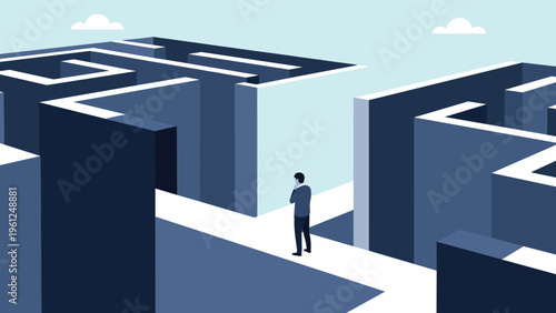 Pensive businessman standing at the entrance of a massive and complex white maze pondering the correct path to reach his final destination.