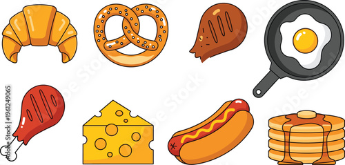  Collection of breakfast and bakery food vector icons including croissant pretzel chicken egg cheese hotdog and pancakes illustrations