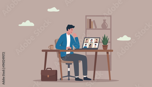 Work from home video conference too meeting team social distancing Coronavirus COVID-19 pandemic concept, office home working chair conference meeting team laptop computer.