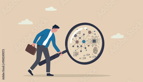 Detect or discover fact, information analysis, curiosity, research search details, exploration finding solution concept, businessman detective looking through magnifying glass searching.