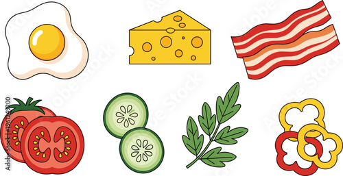  Collection of breakfast and ingredient vector icons including egg cheese bacon tomato cucumber herbs and pepper slices illustrations