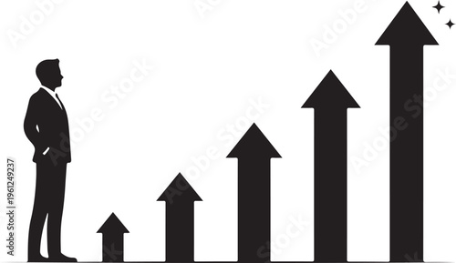 Man observing increasing growth chart arrows representing business success