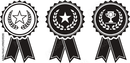 Black and white ranking badge set with star and laurel wreath trophy