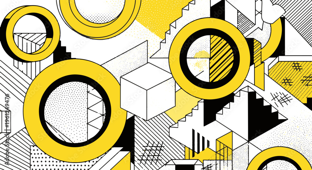 Fototapeta premium Geometric Abstract Pattern Yellow Circles Black White Shapes Graphic Design
