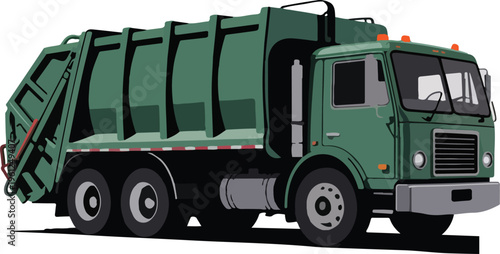 Green Garbage Truck Driving on Road white background