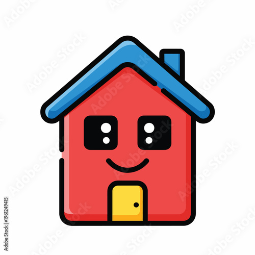Smiling Cartoon House with Blue Roof.