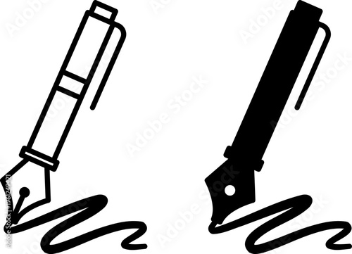 Fountain Pen Icons. Line and Glyph Vector Icons. A writing pen that automatically feeds ink to the nib. Stationery. Writing Concept