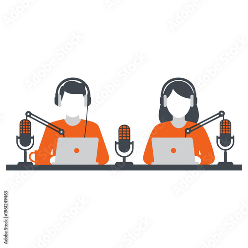 Two podcasters recording an episode with professional microphones and laptops in a studio